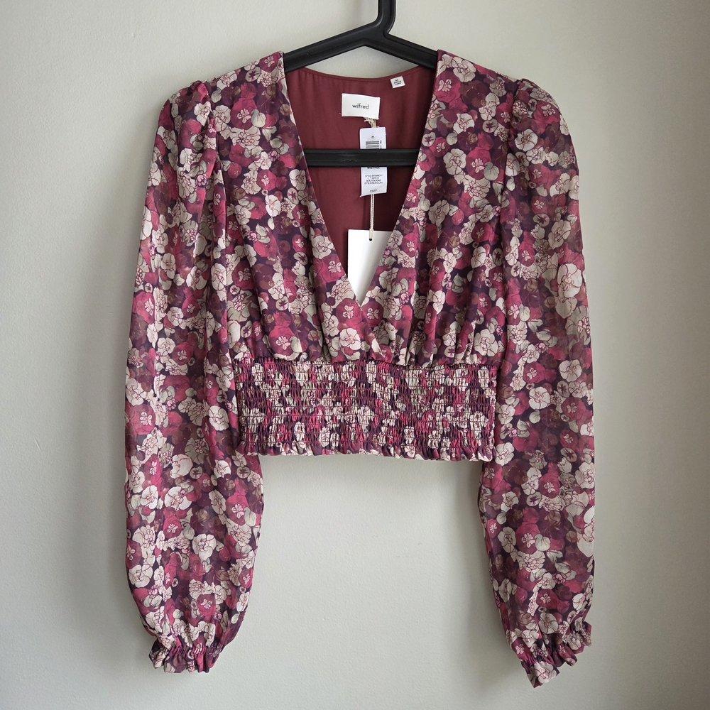 Wilfred NWT Wistful Smocked V Neck Chiffon Drapey Flowy Feminine Blouse XS